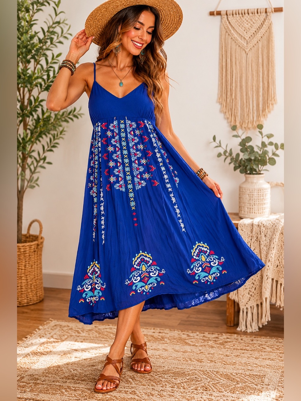 Savanna Jane Embroidered Boho Swing Dress Blue Sleeveless Sundress L
